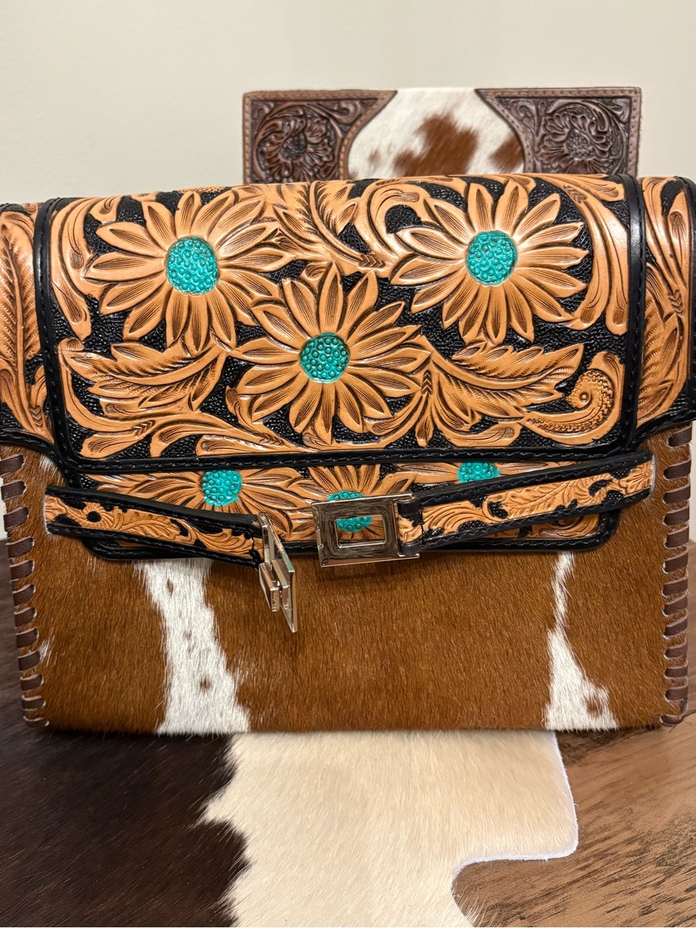 Tooled Floral Leather & Cowhide Crossbody with Turquoise Accents - Picture 3 of 5